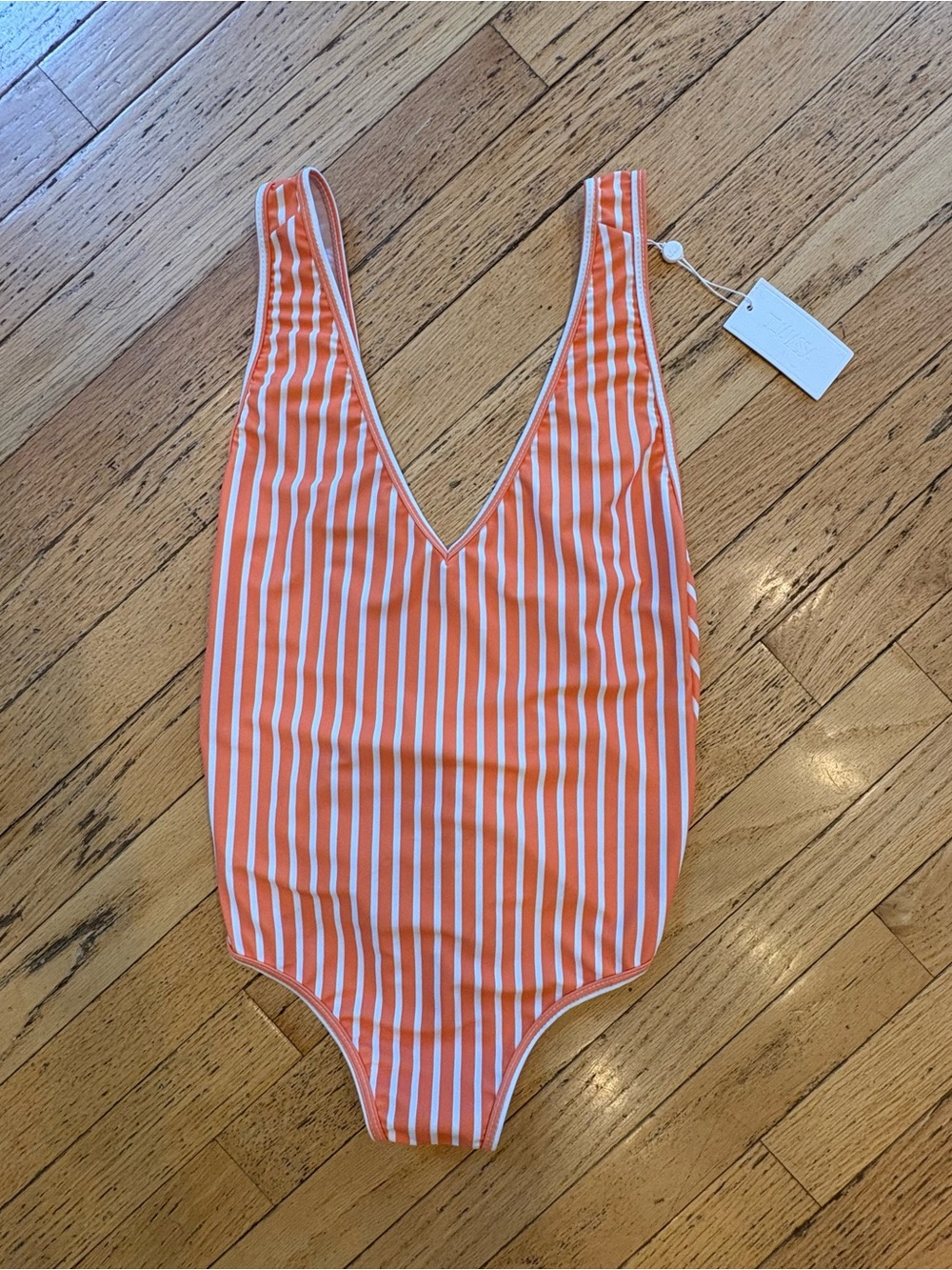 Thalassa NWT Striped Orange and White V‑Neck High Cut Cheeky One‑Piece Swimsuit